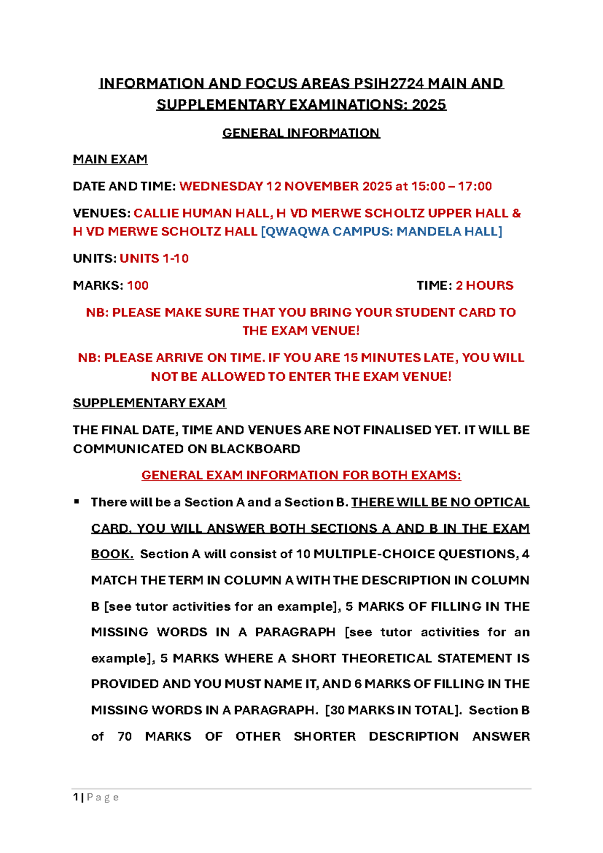 Information and Focus Areas for PSIH2724 Main & Supp Exams 2025 - Studocu