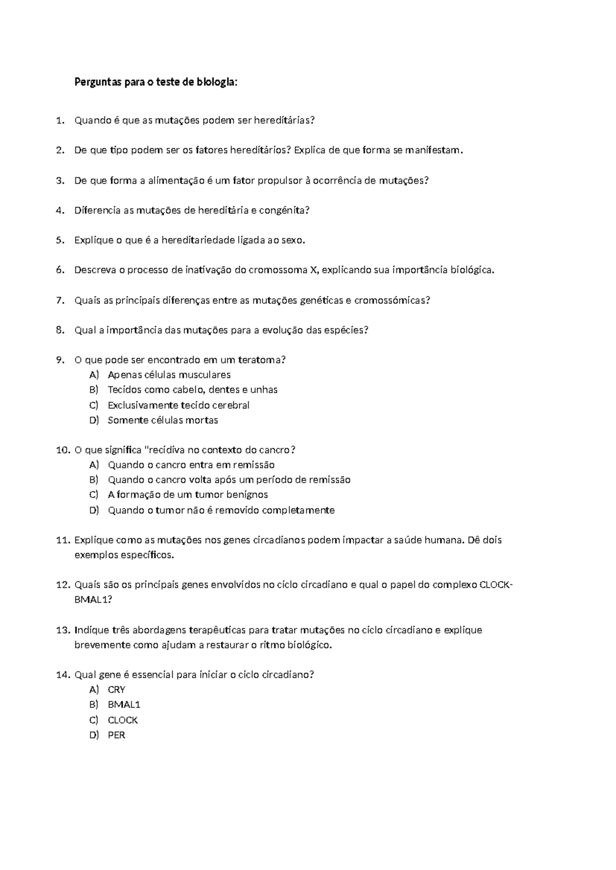 Perguntas para o teste de biologia - Perguntas para o teste de biologia ...