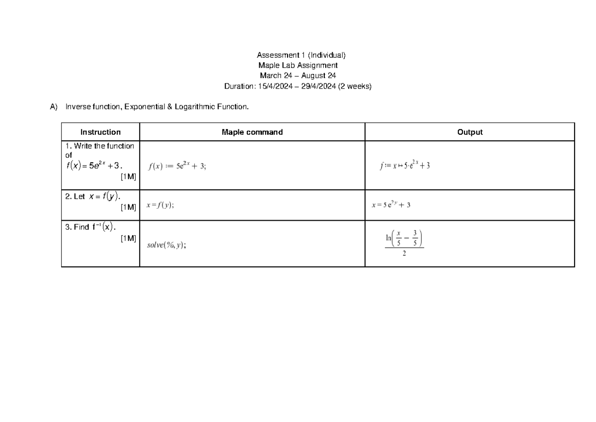 Assessment 1 MAT233 - ####### Assessment 1 (Individual) ####### Maple ...