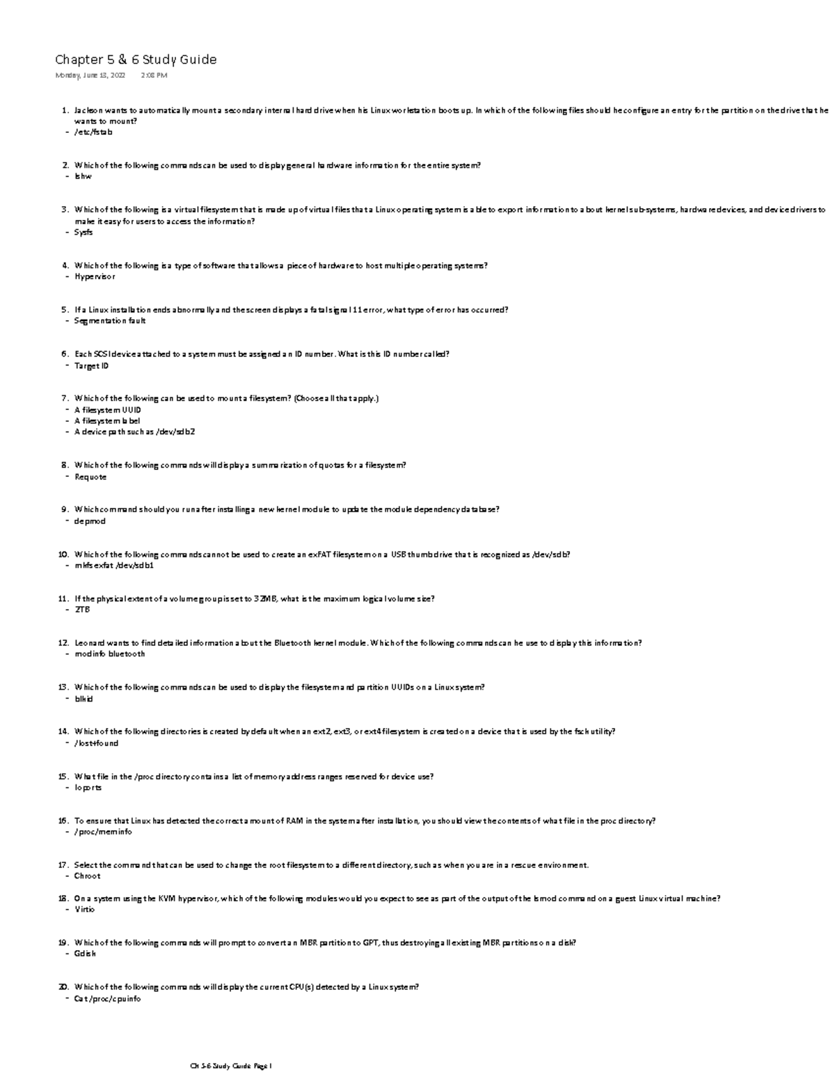 Ch 5-6 Linux Systems Study Guide for Boot and Filesystems - Studocu