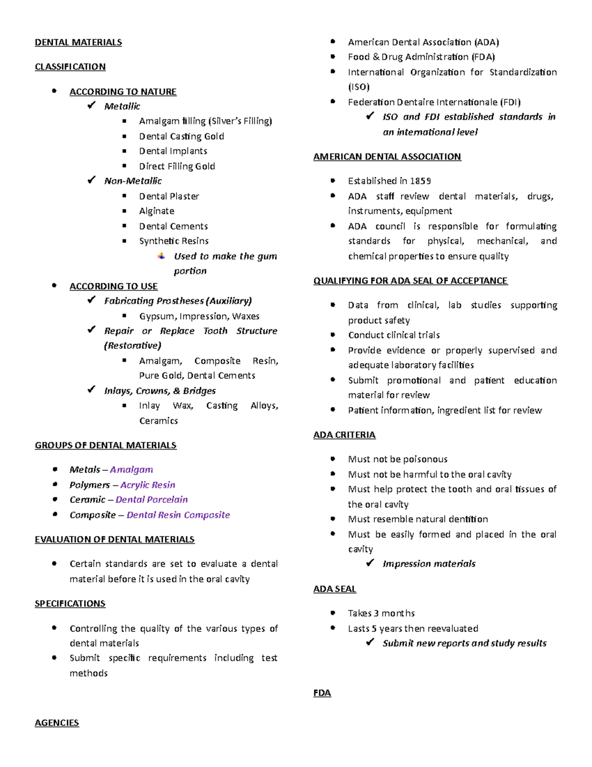 Dental Materials Classification and Standards Overview PT - Studocu