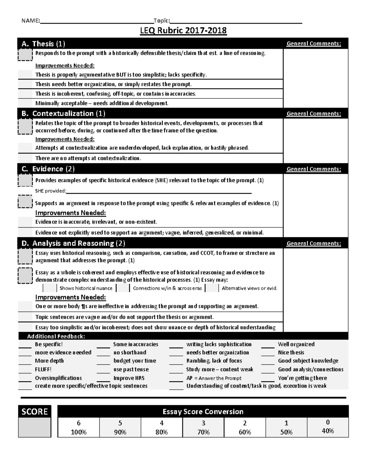 LEQ Rubric Feedback & Improvements (17-18) - Studocu