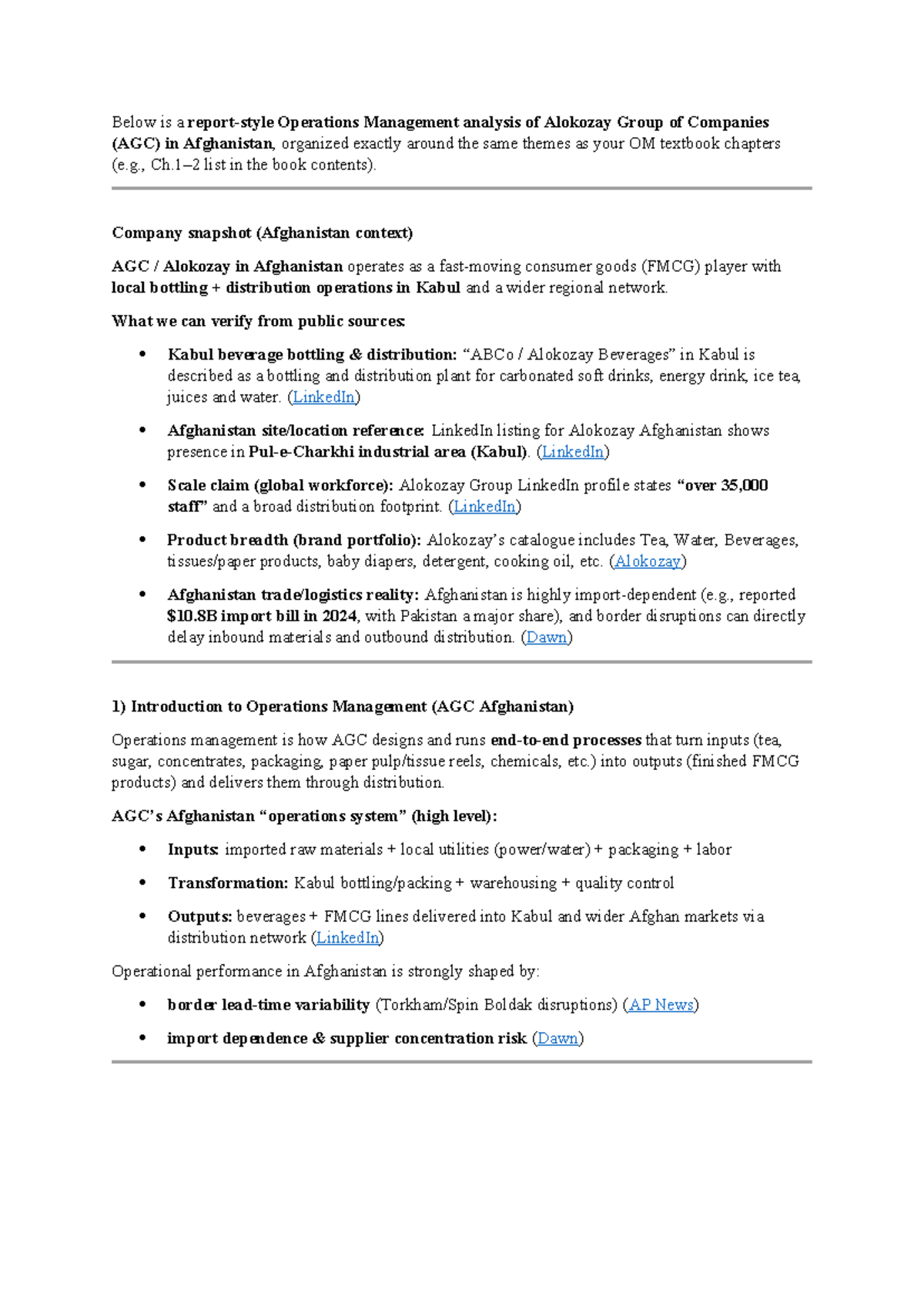 Operations Management Analysis of Alokozay Group (OM 101) - Studocu