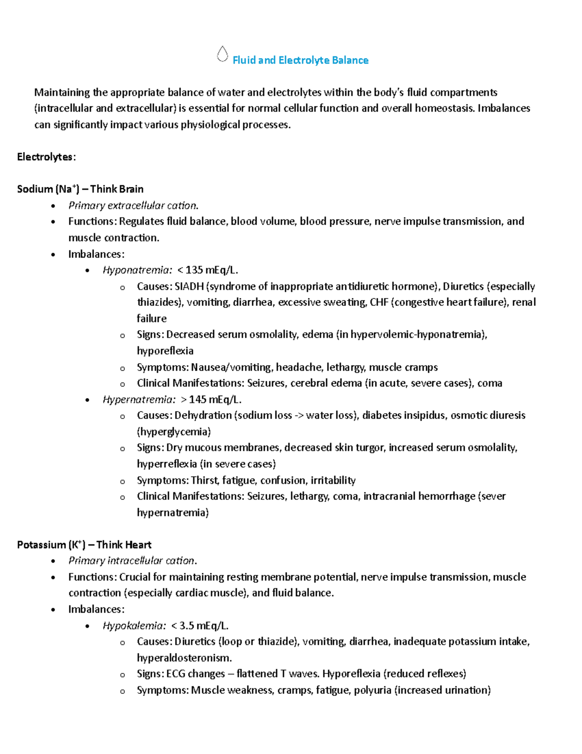 Fluid and Electrolyte Balance: Key Concepts for Exam 1 Review - Studocu