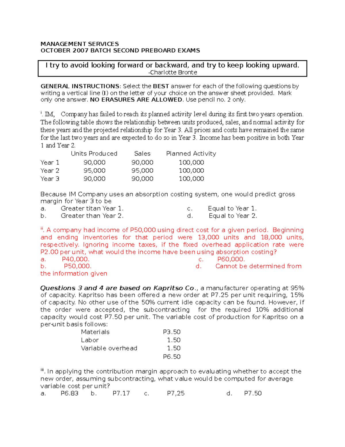 Management Advisory Services: Preboard Exam October 2007 Analysis - Studocu