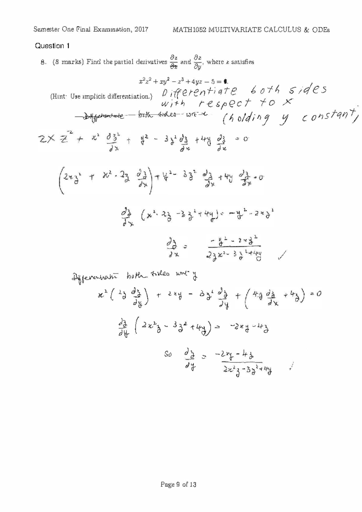 MATH1052 Semester One Final Exam Solutions: Multivariable Calculus ...