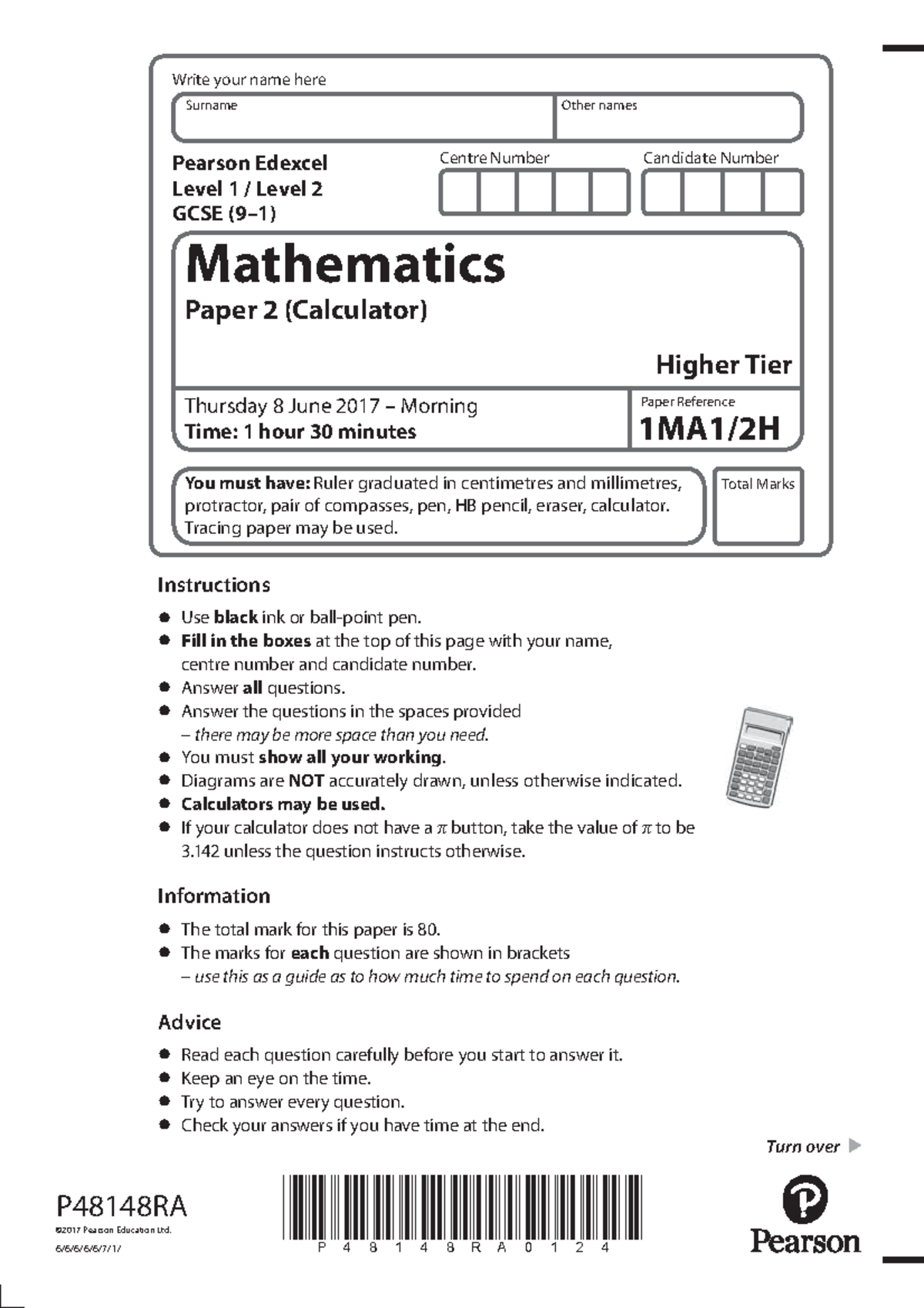 P2-2017 GCSE Math Model Solutions (Calculator, Higher Tier) - Studocu