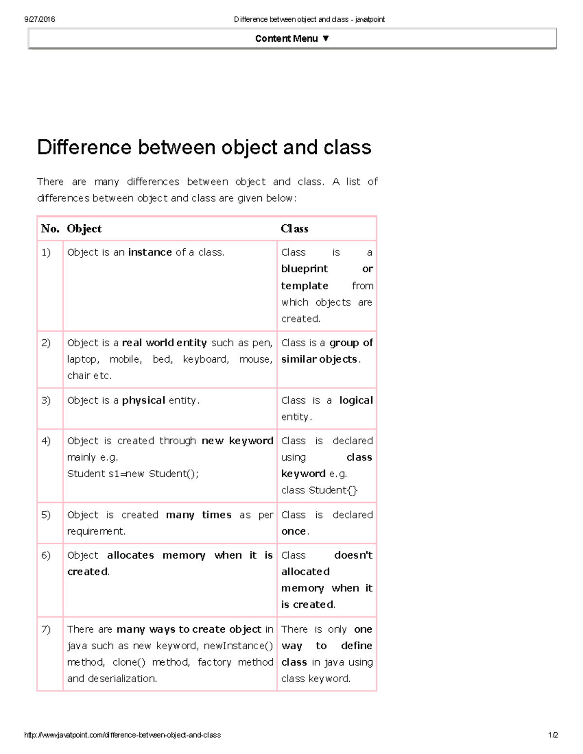 Difference Between Object and Class - Java Concepts - Studocu