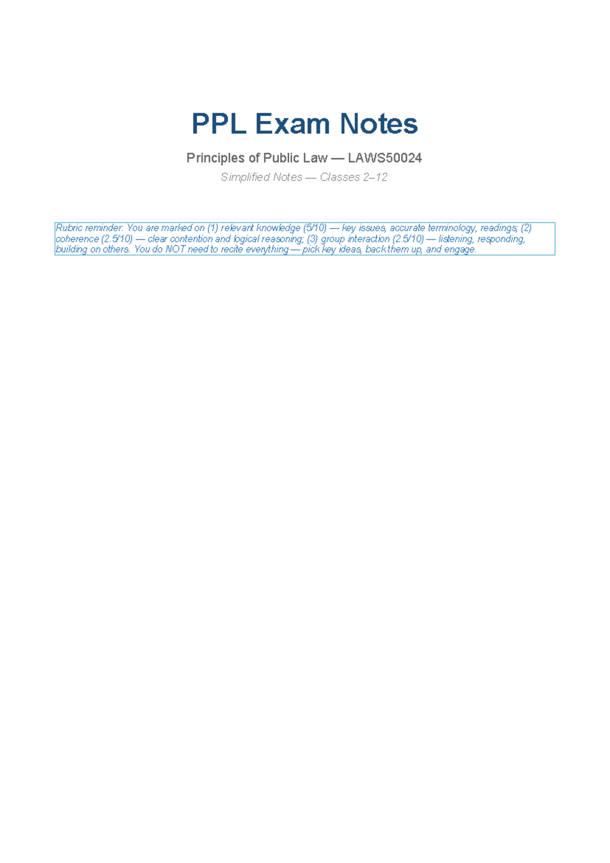 PPL Class Notes: Principles of Public Law LAWS50024 Exam Insights - Studocu