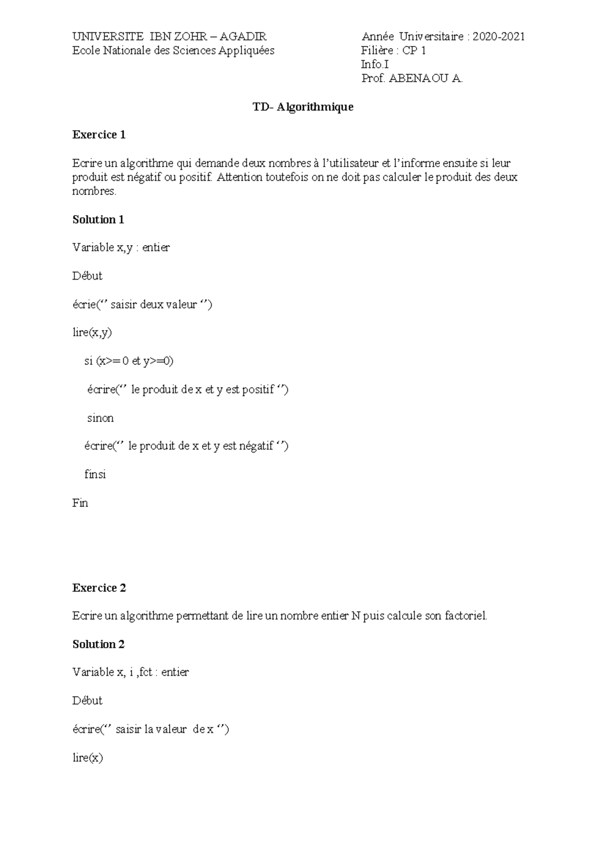 TD Algorithmique - Corrections d'Exercices et Solutions - Studocu