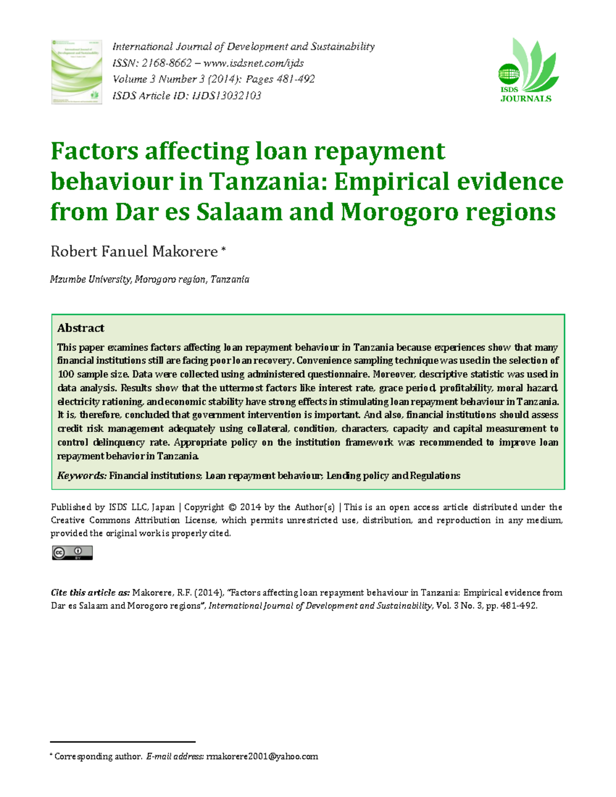 Ijds-v3n3-6 - Analysis of Loan Repayment Behavior Factors in Tanzania ...
