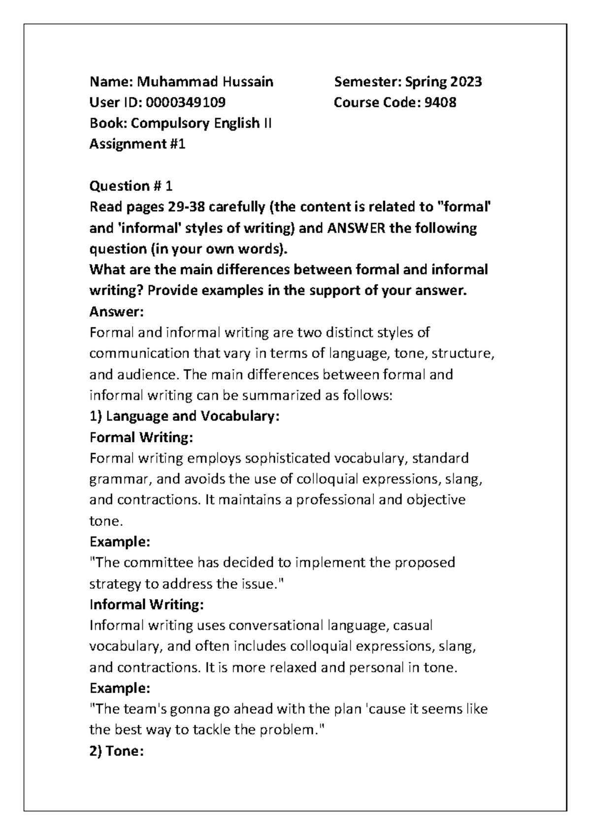 9408 1st Assignment - Comparing Formal and Informal Writing Styles ...