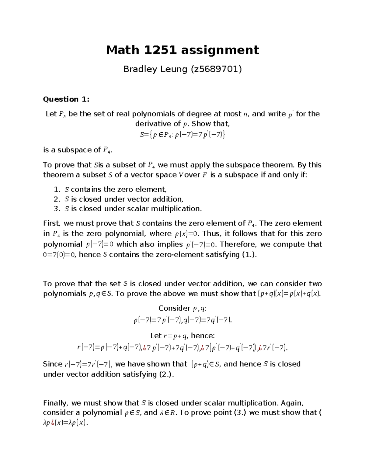 Math 1251 Assignment: Subspace Theorem & Matlab Applications - Studocu