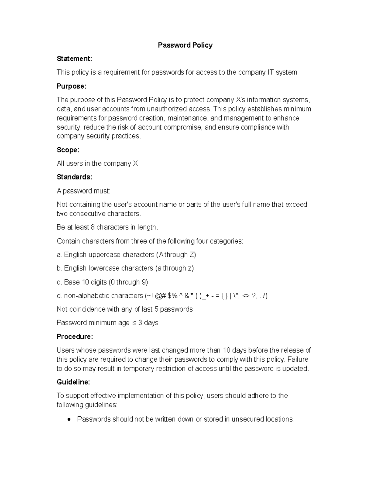 Password Policy Statement: Security Requirements for Company IT - Studocu