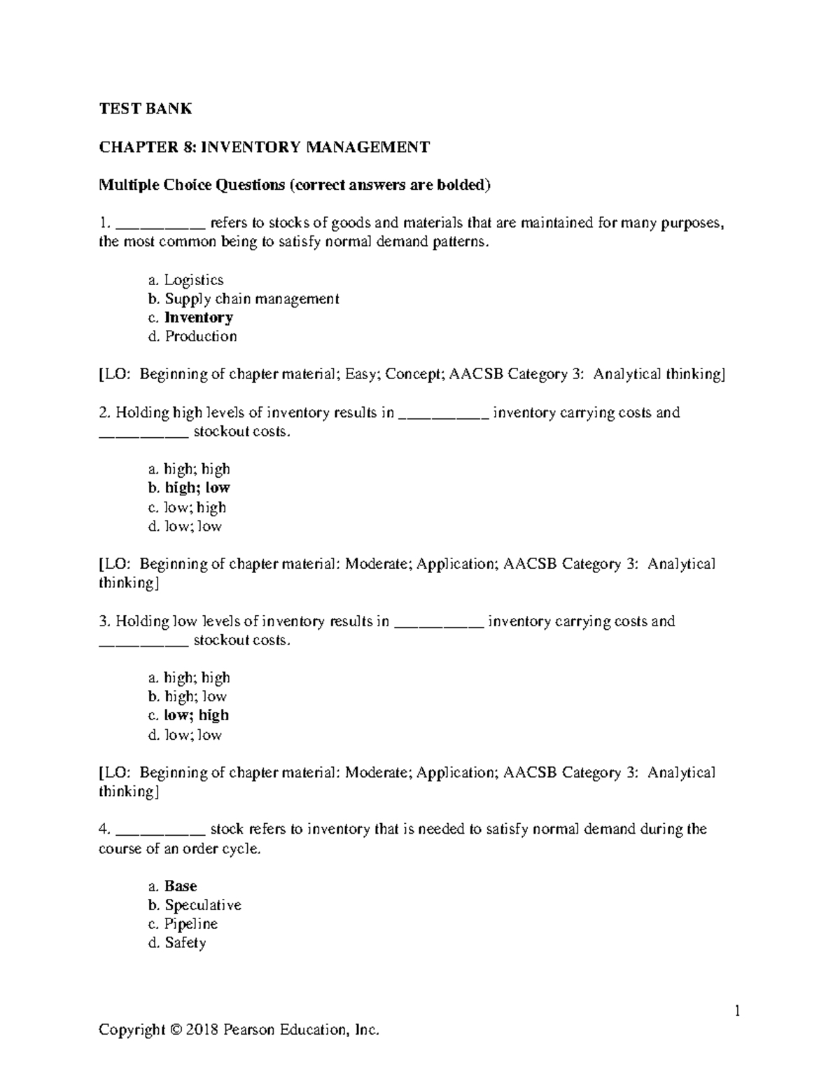 Chapter 8 - Test Bank for Inventory MNGT: Multiple Choice & True-False ...