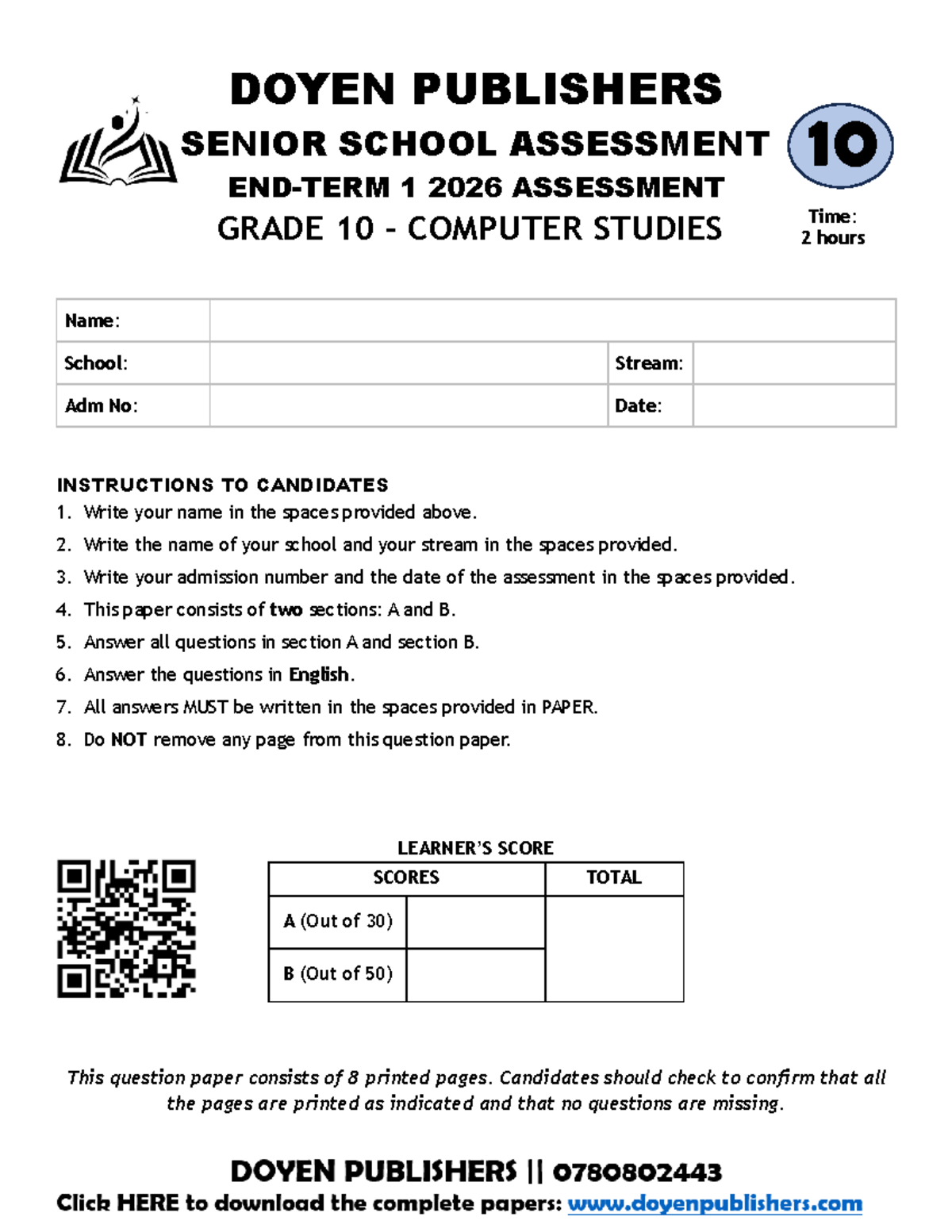 Grade 10 Computer Studies End-Term I 2026 Assessment - Studocu
