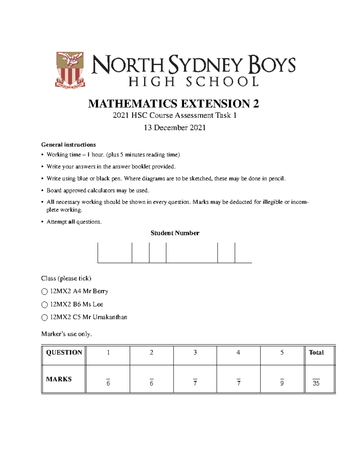 MATHEMATICS EXTENSION 2 2022 HSC AT1 Practice Paper - Studocu