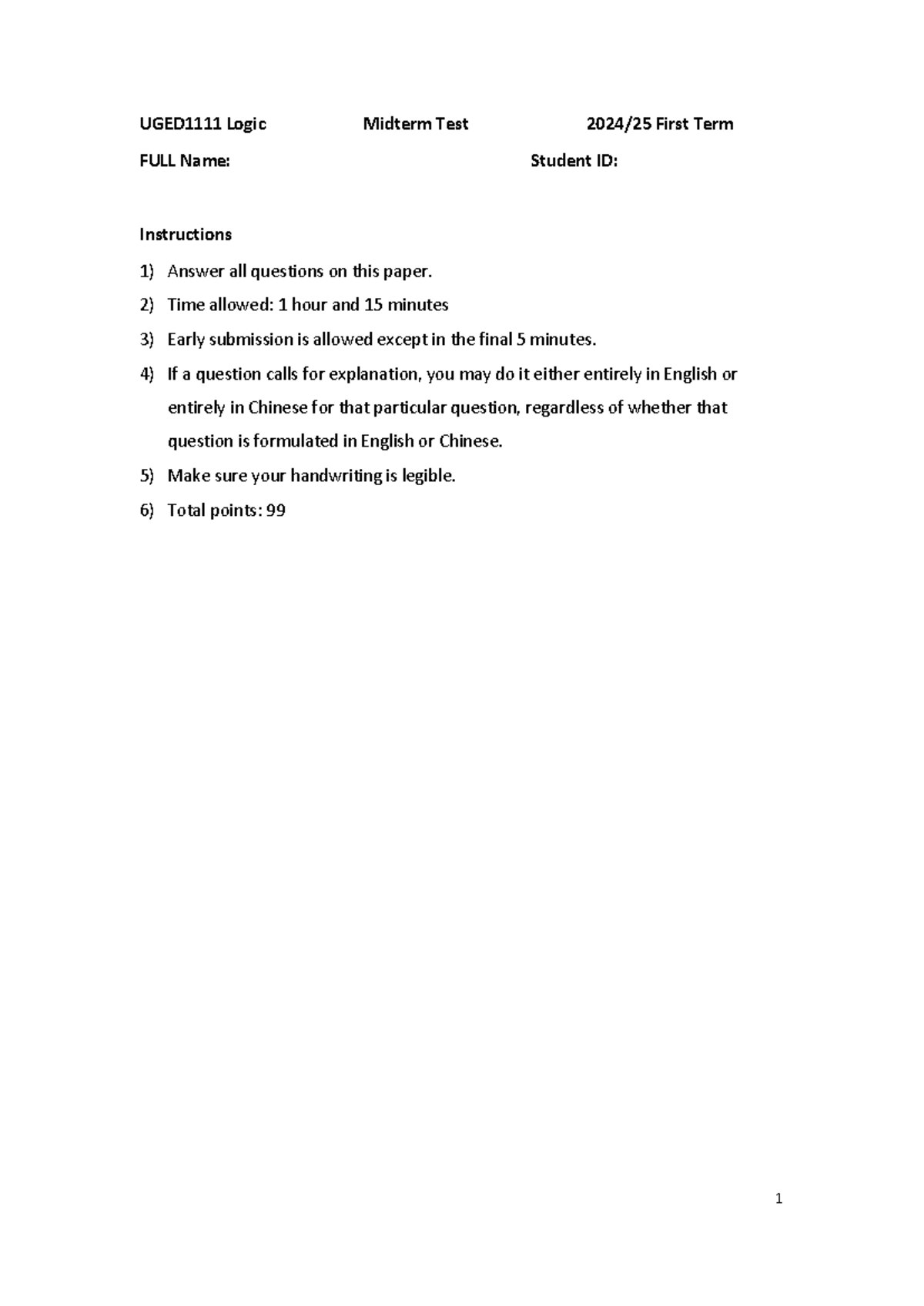 Logic Midterm Test Answer Key (Course Code: LOG101) - Studocu