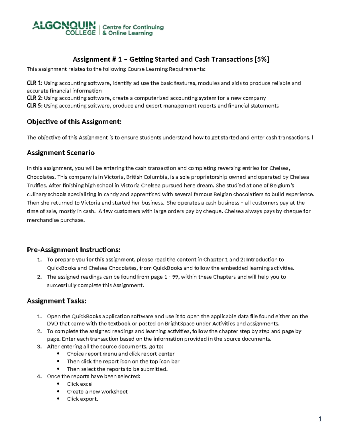 ACC2385 - Assignment #1: Cash Transactions & QuickBooks Setup - Studocu