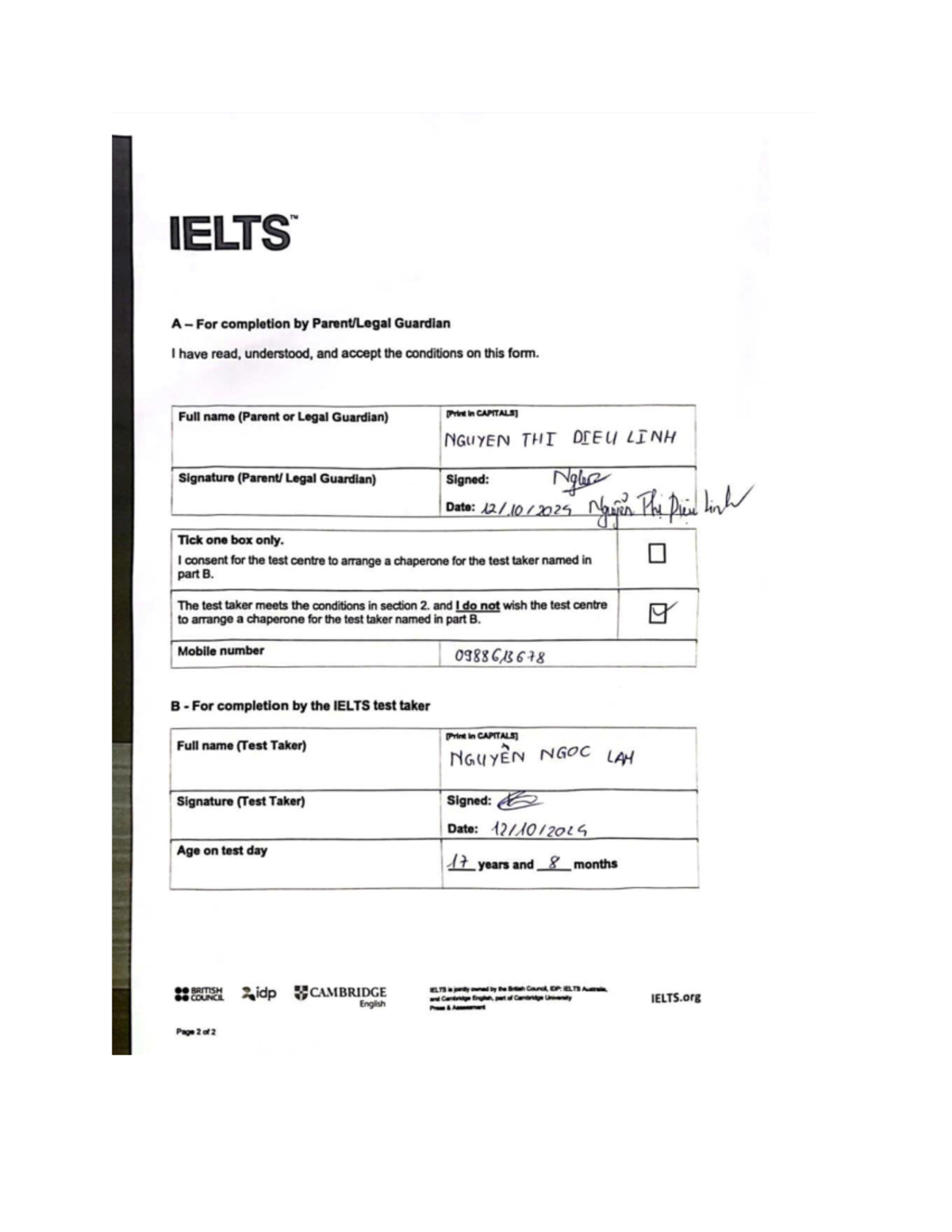 IELTS Consent Form for Test Taker and Guardian Completion - Studocu