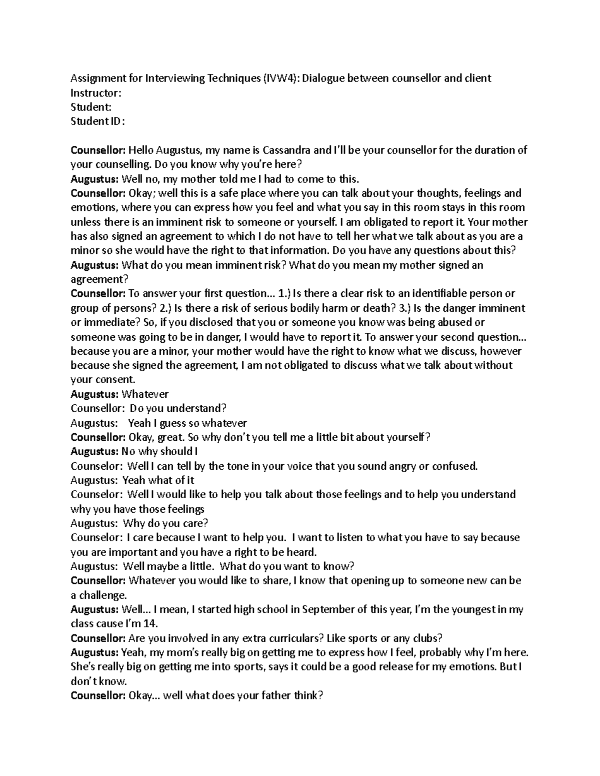IVW4: Assignment on Interviewing Techniques - Counsellor-Client ...