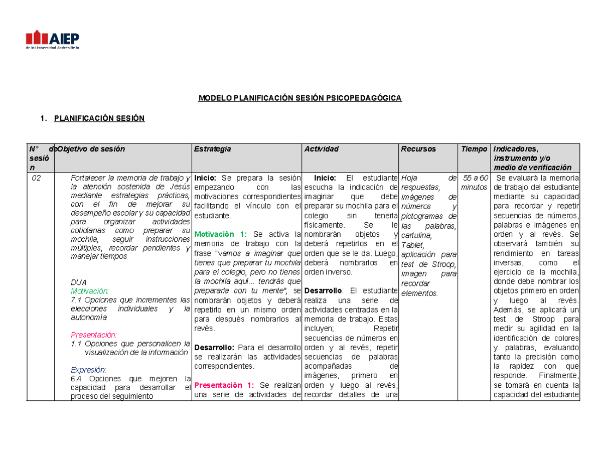 Planificación de Sesión Psicopedagógica: Fortalecimiento de la Memoria - Document Preview