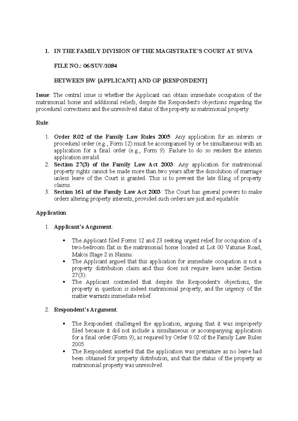 Case Study - Family Law Matters: Analysis & Rulings on Multiple Issues ...