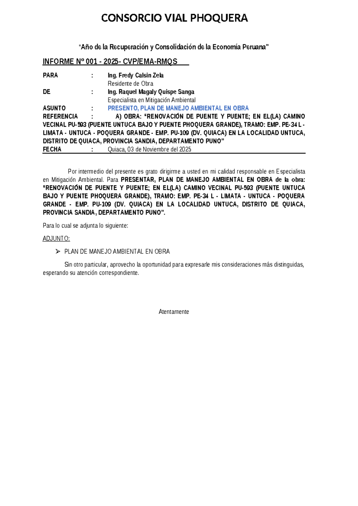Informe 01 - Plan de Manejo Ambiental en Obra: Puente Untuca y Phoquera Grande - Document Preview