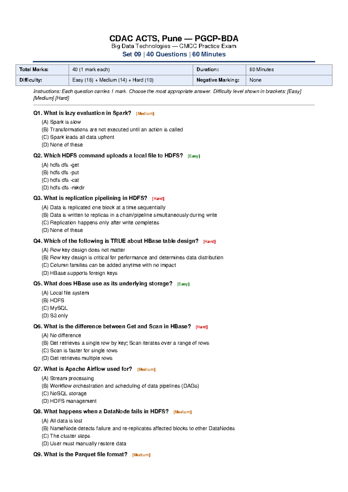 CDAC ACTS Big Data Technologies CMCC Practice Exam Set 09 MCQs - Studocu