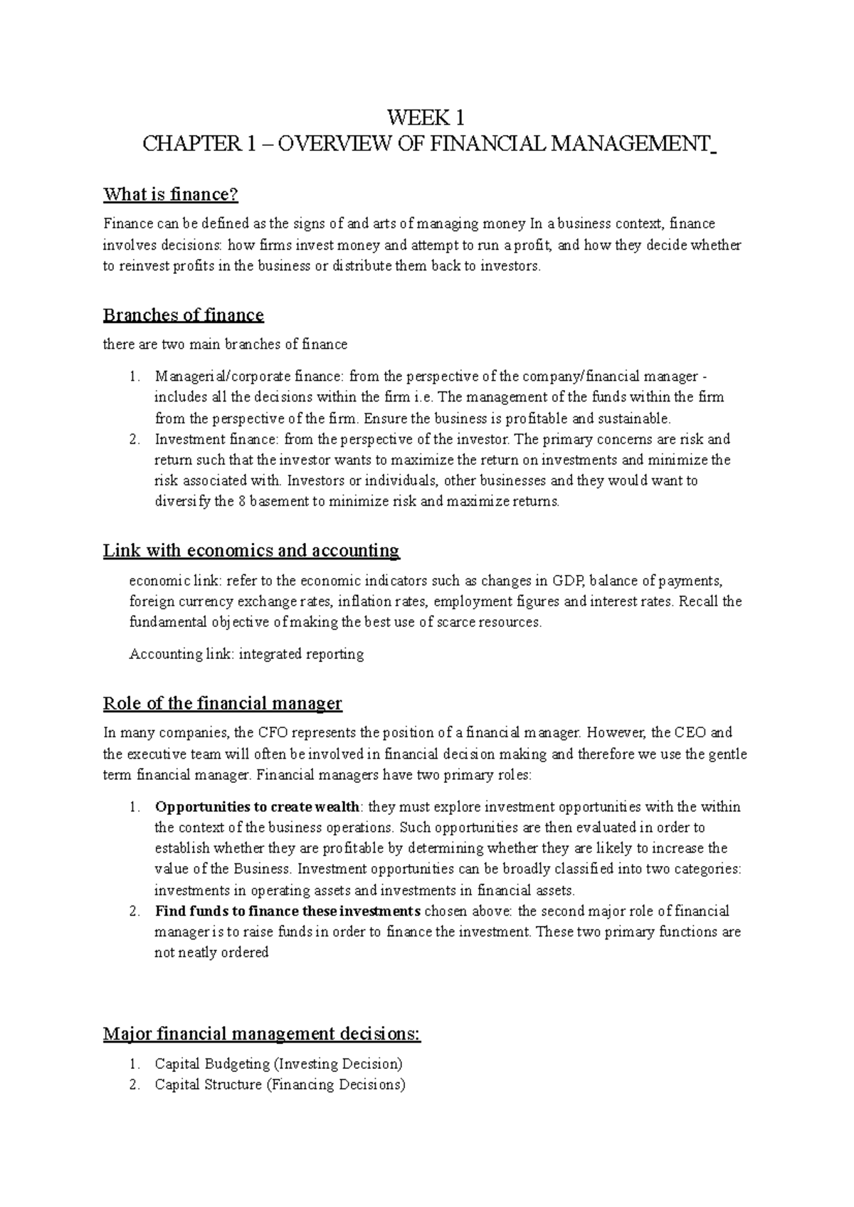 WEEK 1 CHAPTER 1: INTRODUCTION TO FINANCIAL MANAGEMENT (FINA202) - Studocu