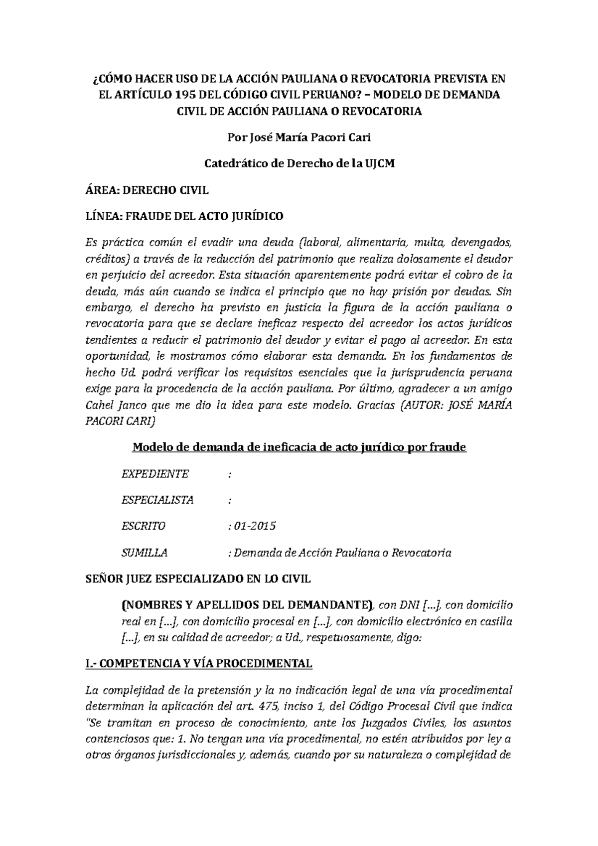 Modelo de Demanda Civil de Acción Pauliana o Revocatoria (Derecho Civil ...