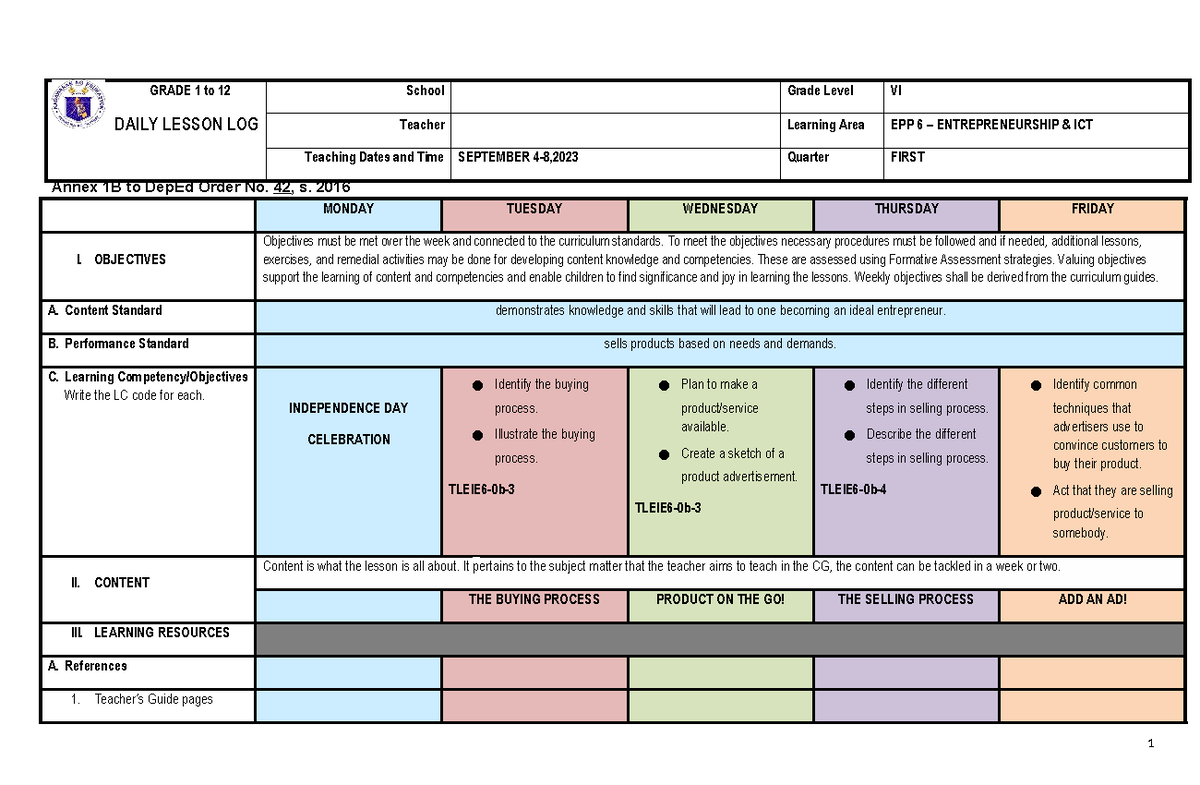 DLL EPP 6 - CT Q1 - W2 - GRADE 1 to 12 DAILY LESSON LOG School Grade ...