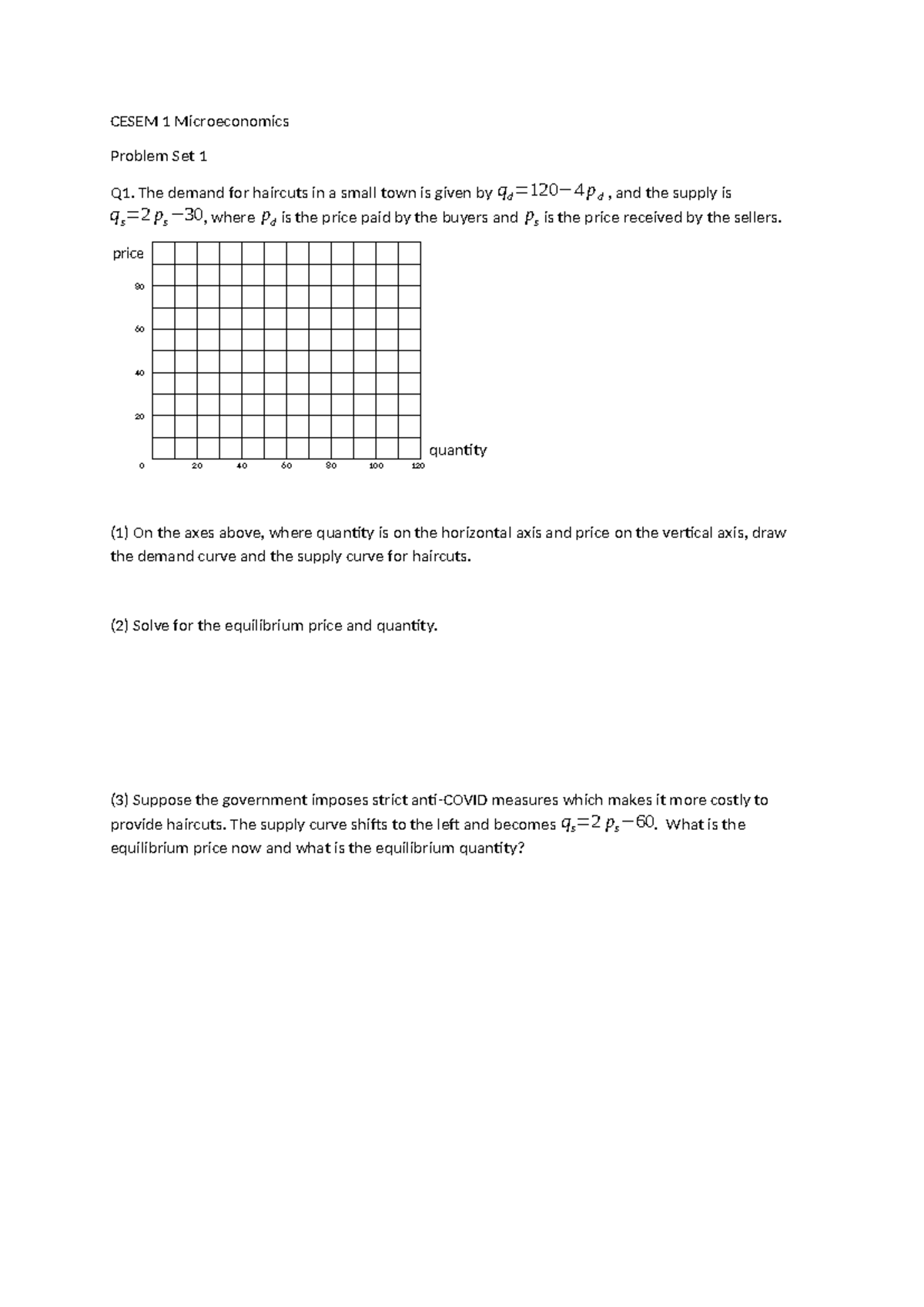 CESEM 1 Microeconomics Problem Set 1: Demand & Supply Analysis - Studocu