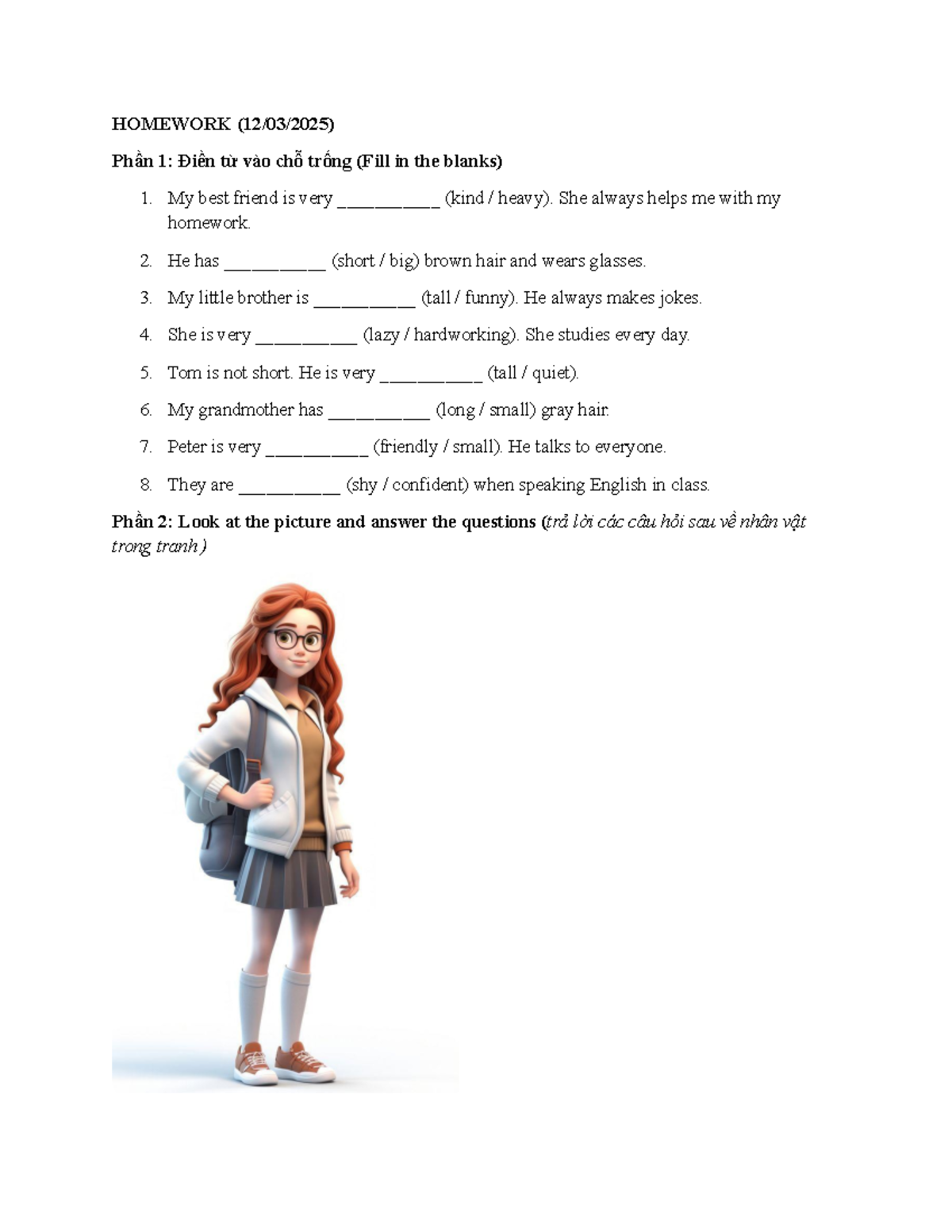HW: Describing People - Fill in the Blanks & Picture Questions - Studocu