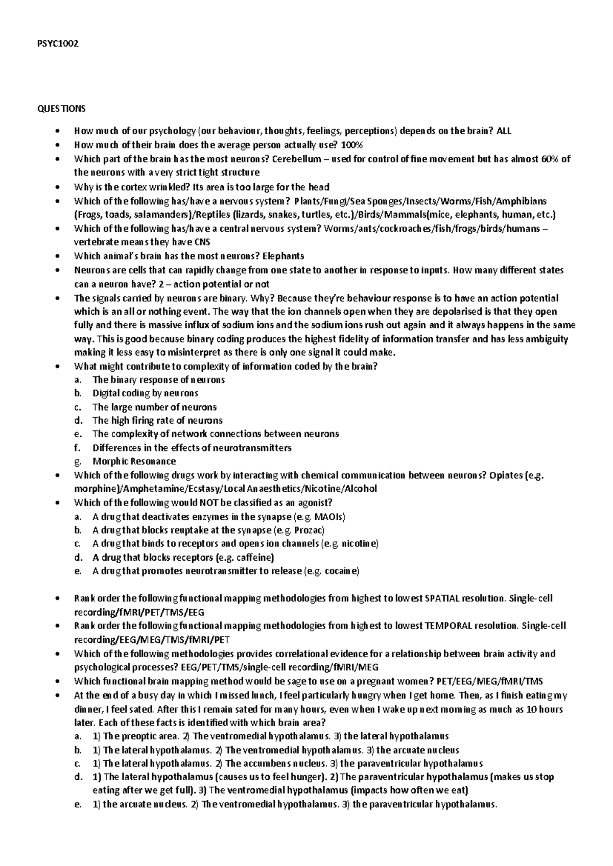 PSYC1002 - Comprehensive Psychology Exam Notes and Insights - Studocu