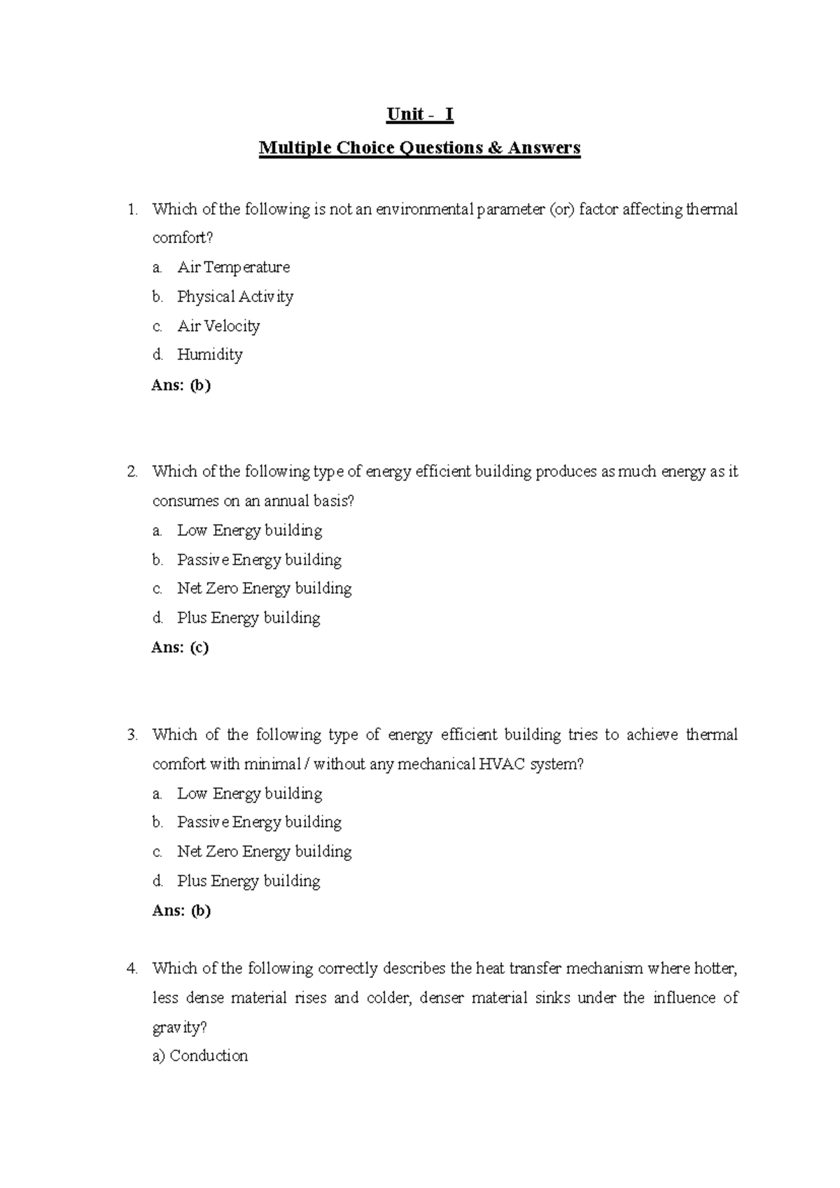Unit I MCQ Answers on Thermal Comfort & Energy Efficient Buildings ...