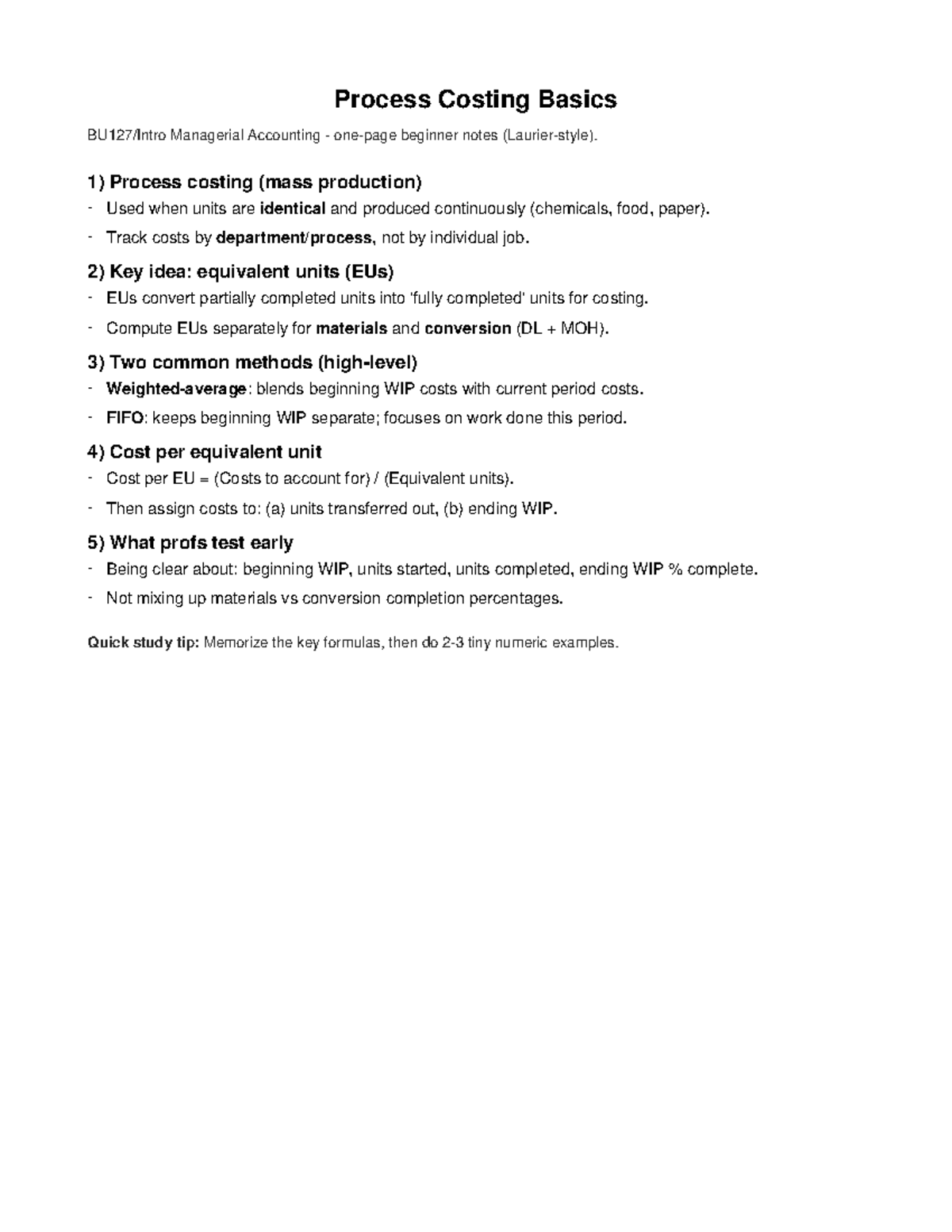 MA Notes 04: Process Costing Basics for Managerial Accounting - Studocu