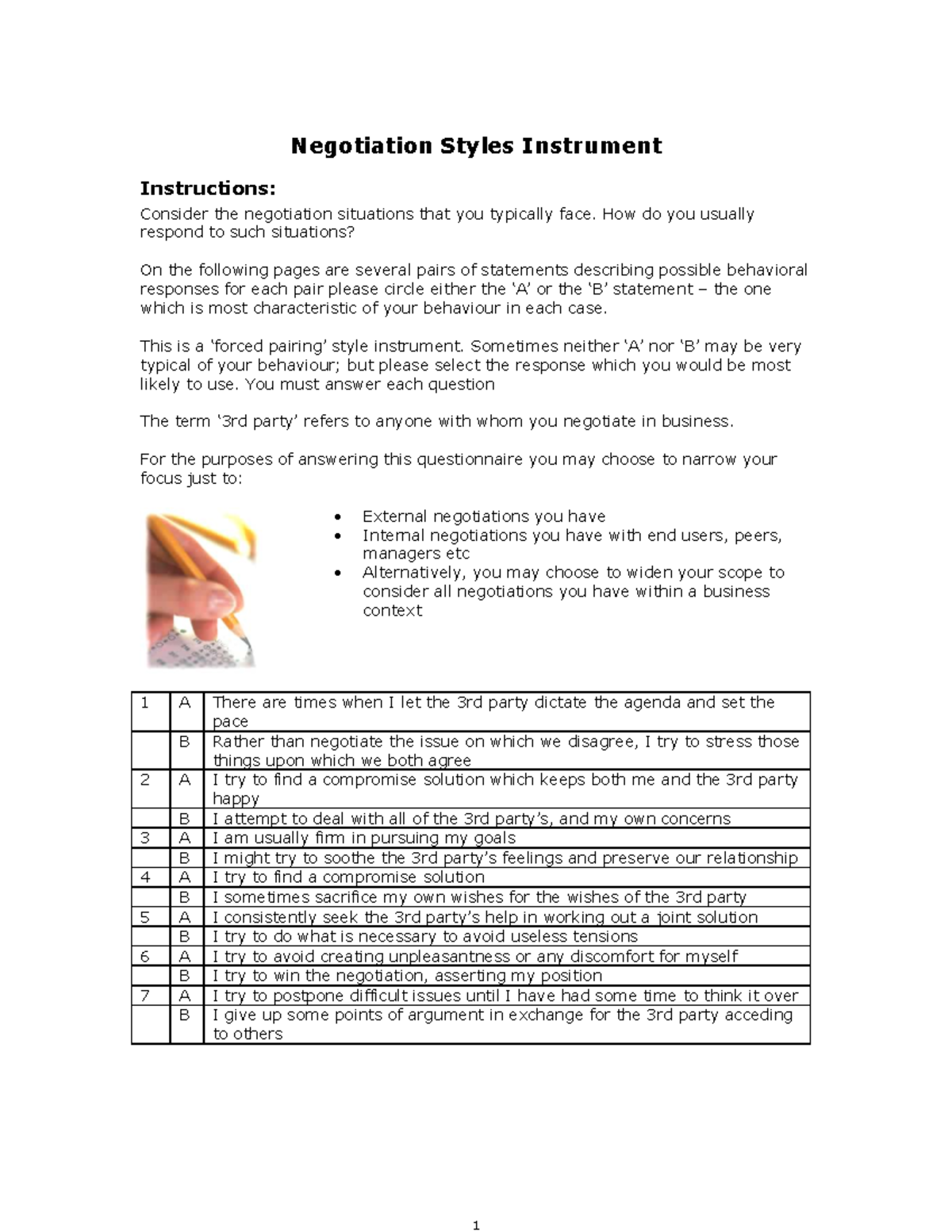 Negotiating Styles Instrument Instructions for Assessment - Studocu