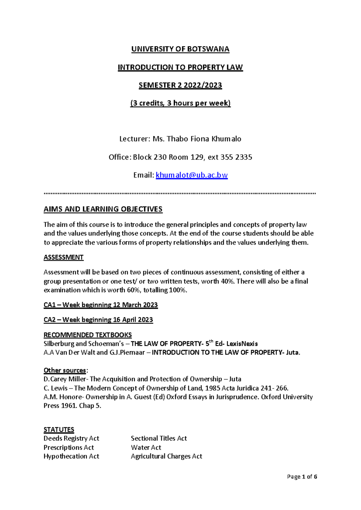 LAW 201: Introduction to Property Law Course Outline 2023 - Studocu