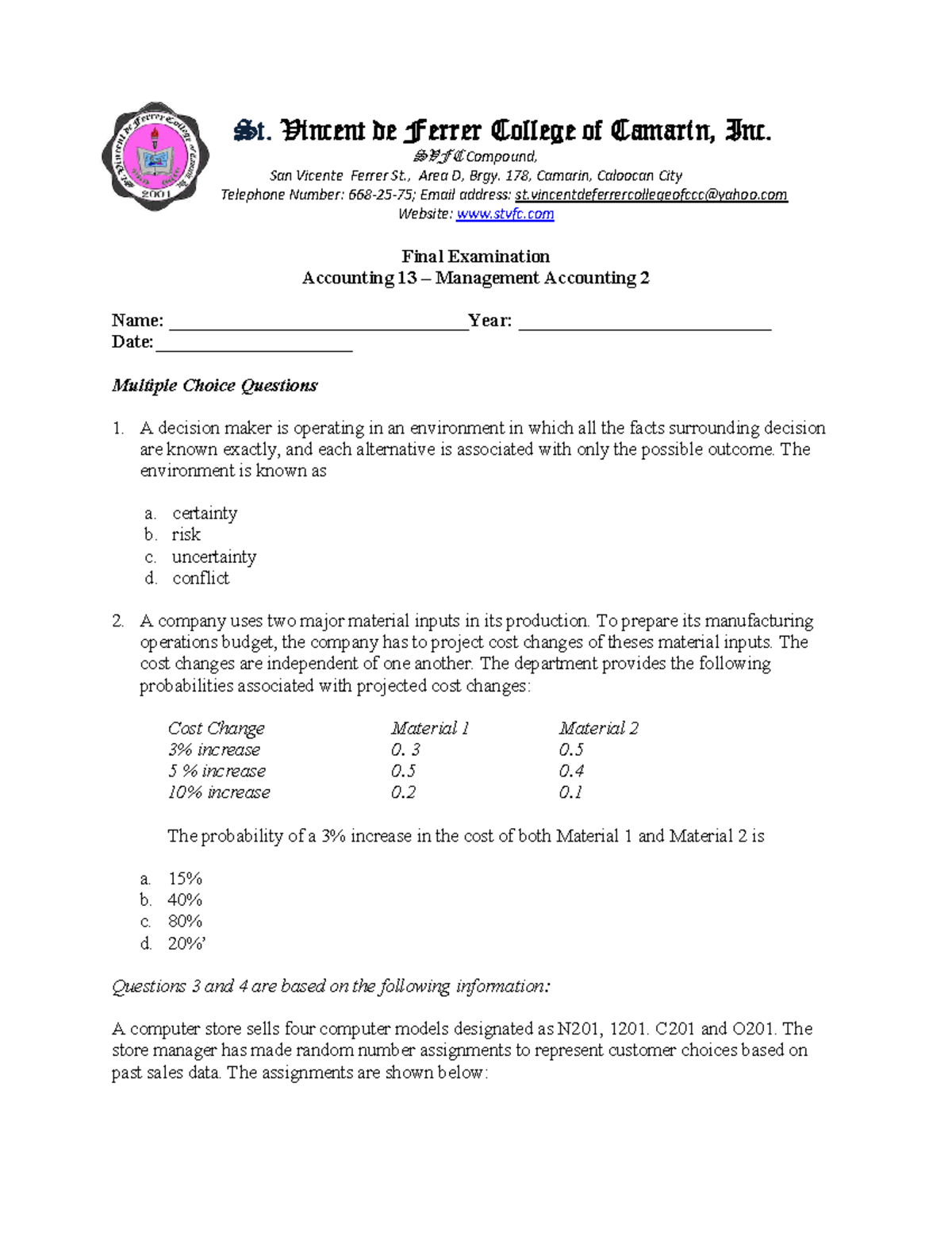 Final Exam - Accounting 13: Management Accounting 2 Questions - Studocu