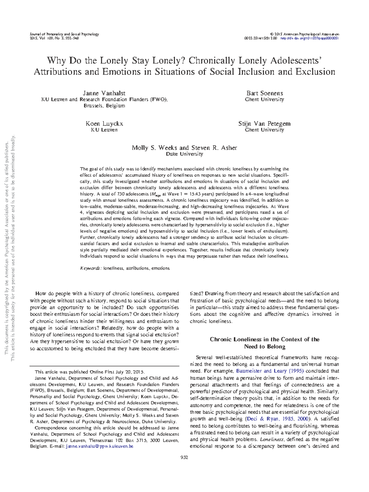 Why Do Lonely Adolescents Stay Lonely? Attributions and Emotions ...
