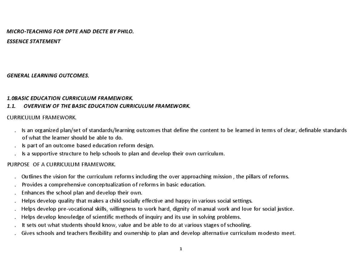 Micro-Teaching Notes for DPTE and DECTE Curriculum Framework - Studocu