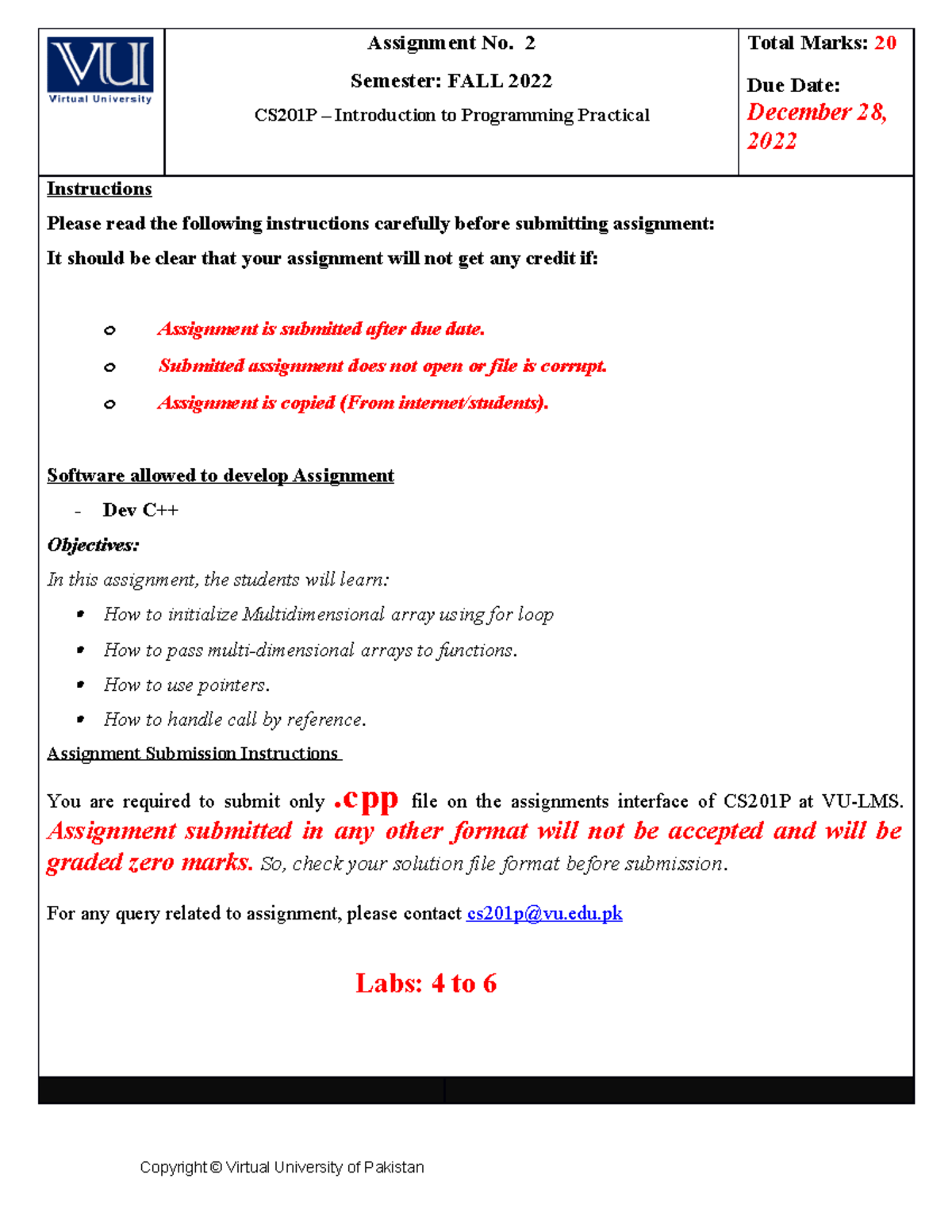 Fall 2022 CS201P 2 - Assignment No. 2 Semester: FALL 2022 CS201P ...