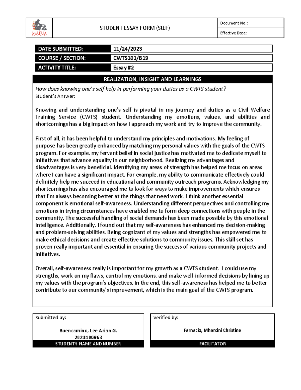 Buencamino LA-CWTS101-B19-E2 - STUDENT ESSAY FORM (StEF) Document No ...