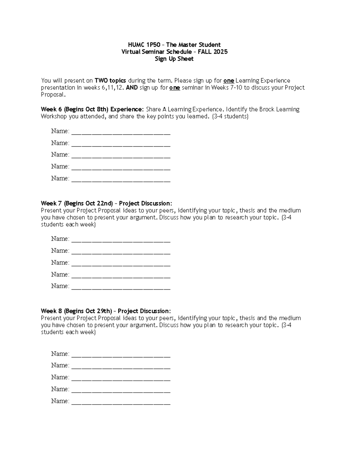 HUMC 1P50 Fall 2025 Seminar Sign-Up Sheet for Learning Experiences ...