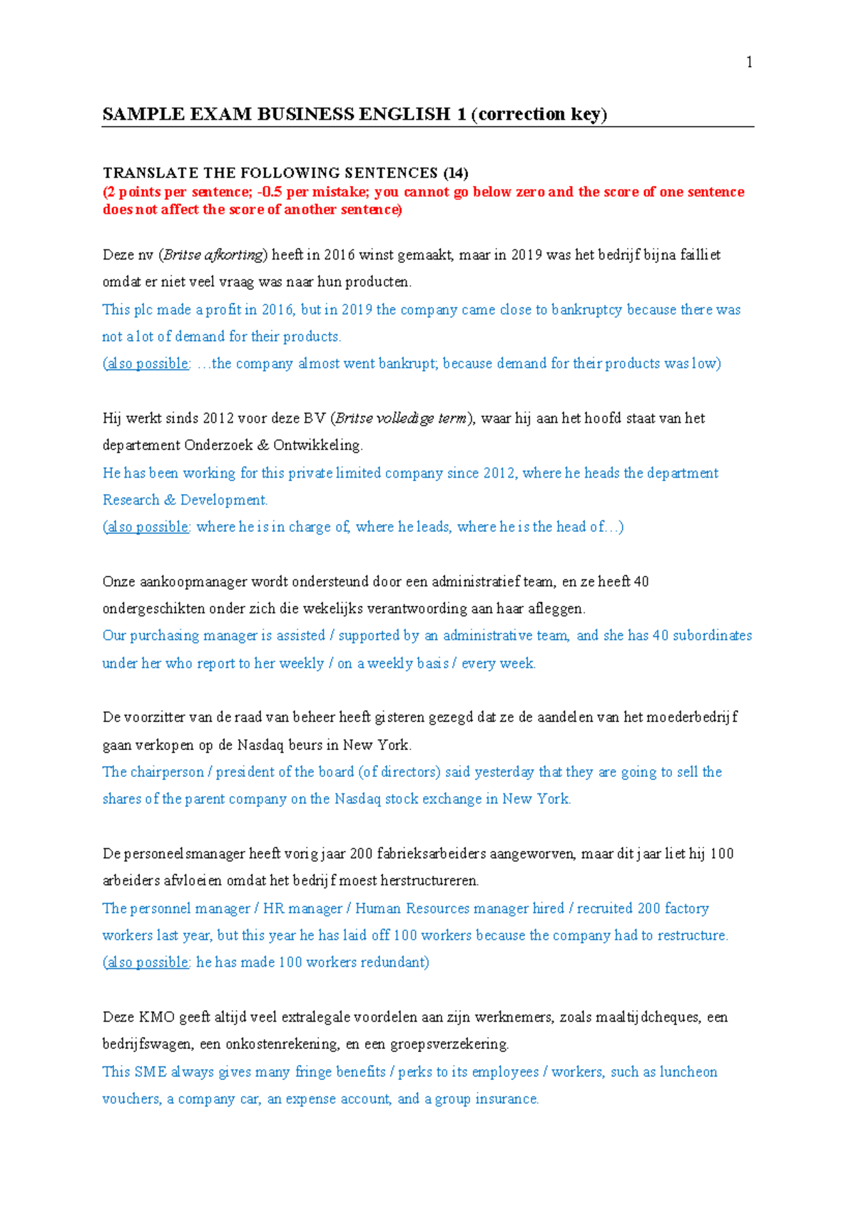 Sample Exam Business English 1 - Correction Key & Answers - Studocu