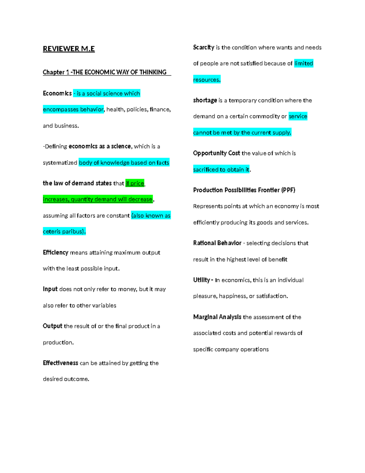 REVIEWER M.E: Economic Concepts and Principles Overview - Studocu
