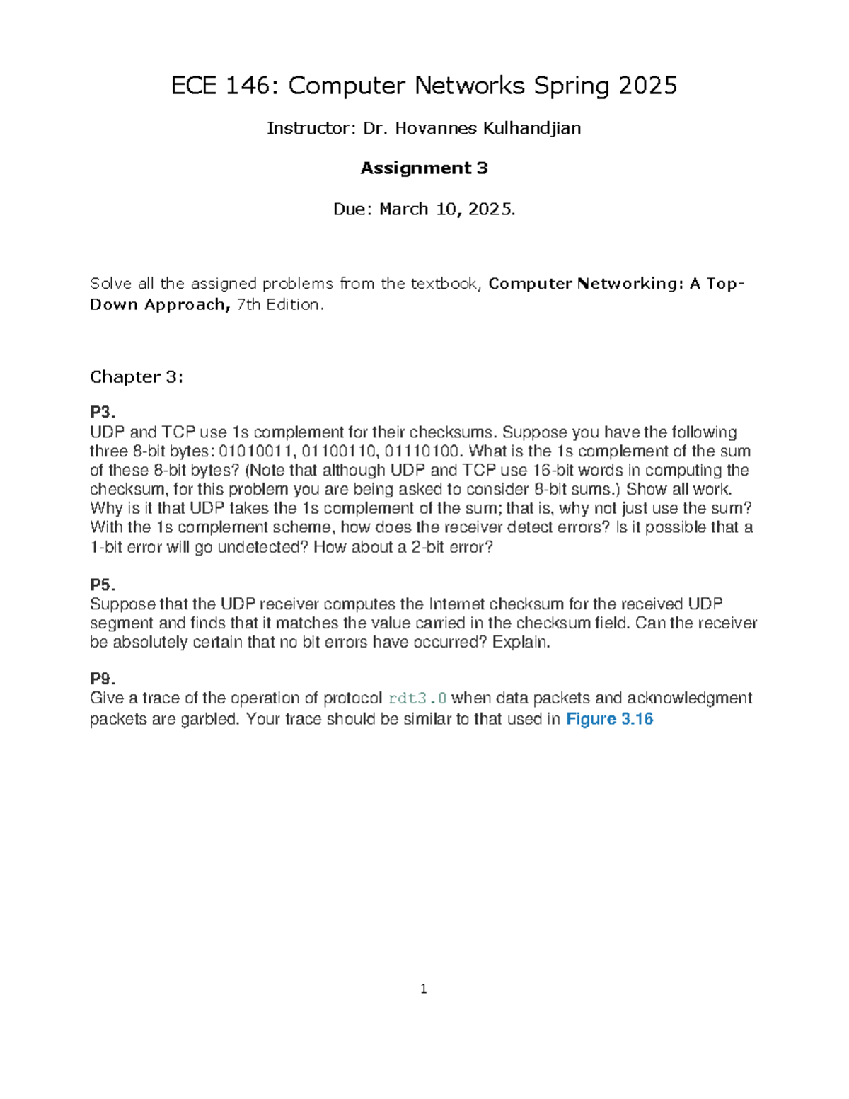 ECE 146 Assignment 3: Computer Networks Problems & Solutions, Spring ...