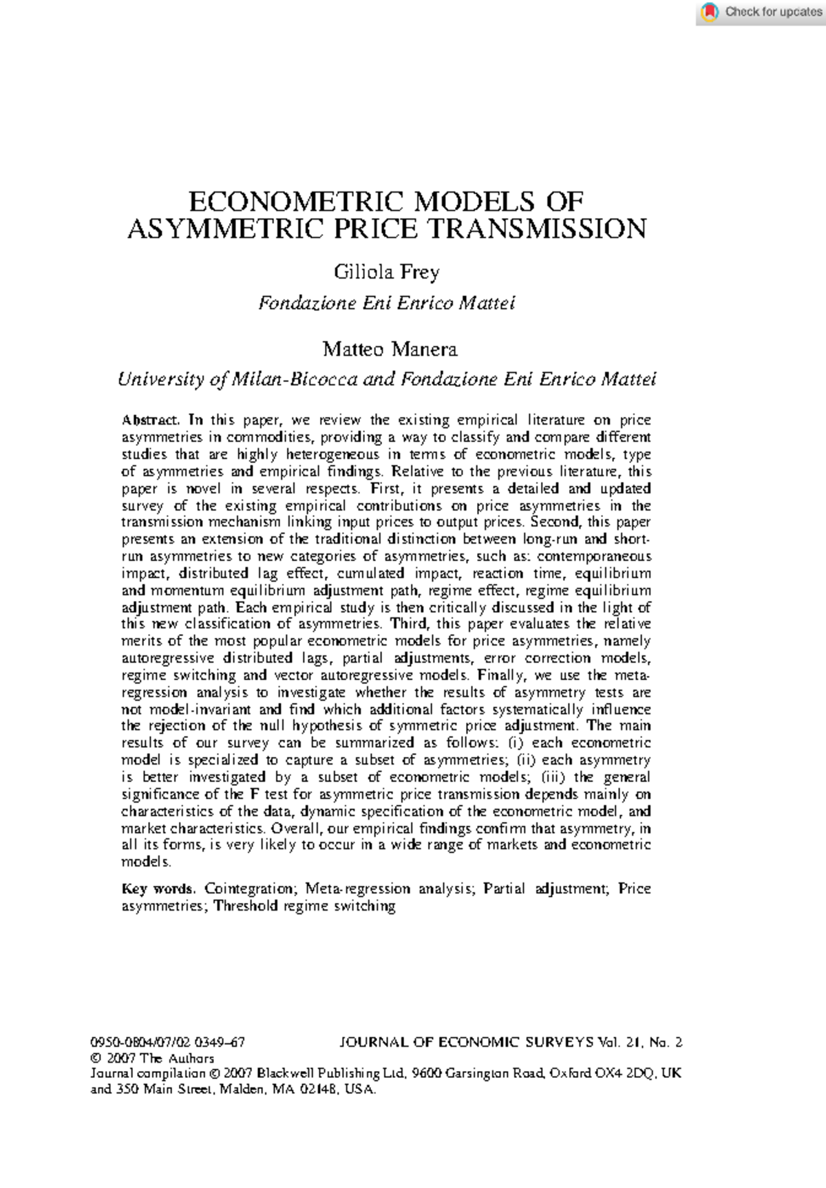 Econometric Models OF Asymmetric Price Transmission - ECONOMETRIC ...