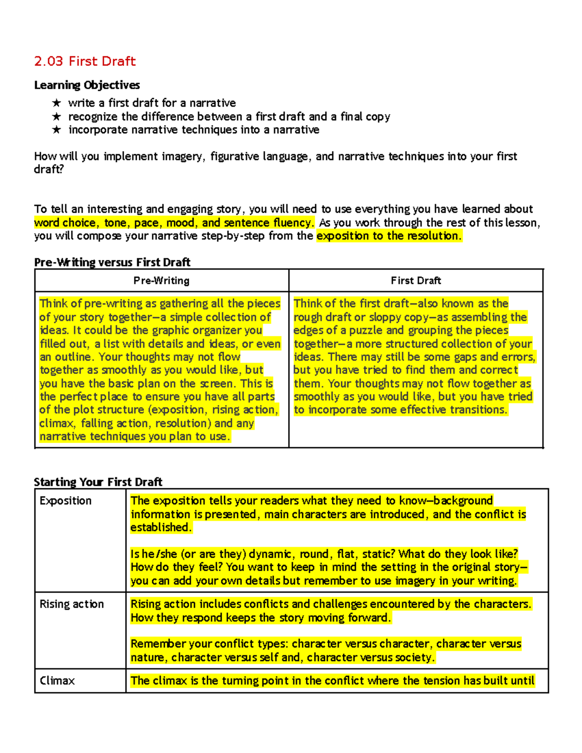 2.03 First Draft Guided Notes for Narrative Writing Techniques - Studocu